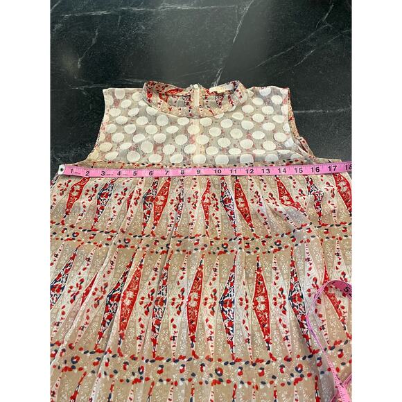 Tulle short sleeved top Medium Tan/Navy/Red colors beautiful tulle insert - Picture 14 of 14